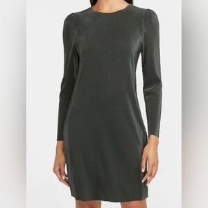[Express] Dark Green Crinkle-like long Sleeve Poof Shoulder Dress 《XL》
